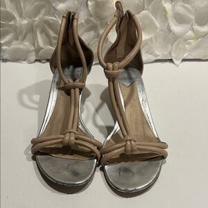 Brian Atwood Tan and Silver Heeled Sandals